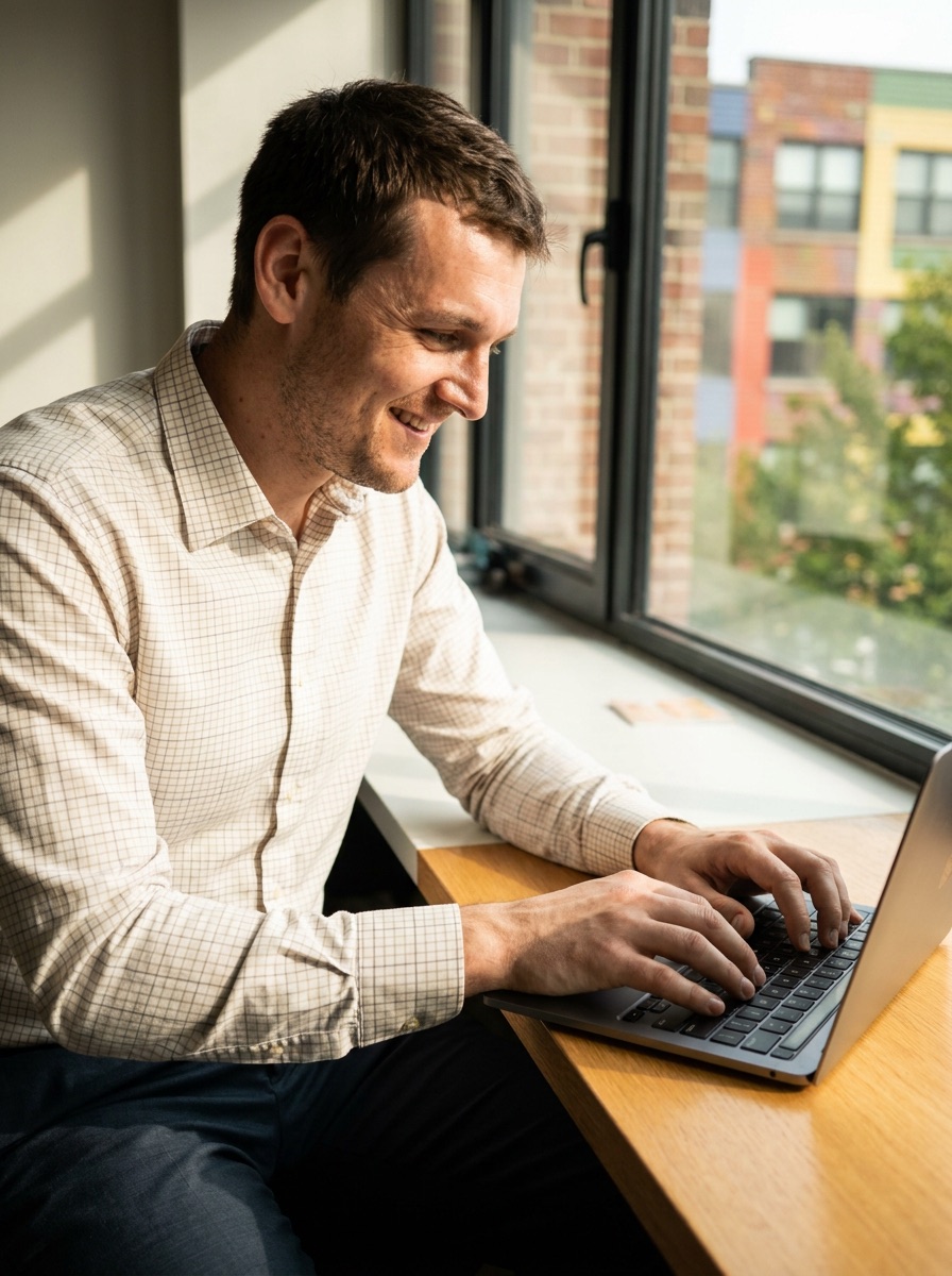 Founder working on a laptop at a sunny desk by the window